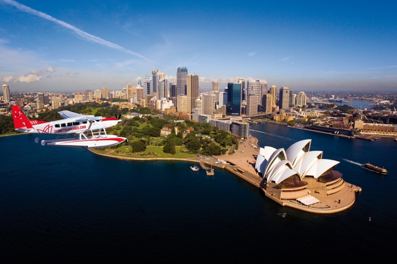 Aerial view of Sydney Opera House with seaplane, Sydney, New South Wales © Pretty Beach House