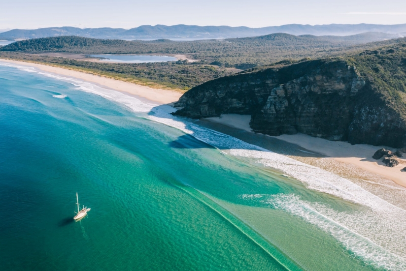 This aerial image captures the rugged beauty of Bruny Island in Tasmania © Tourism Australia