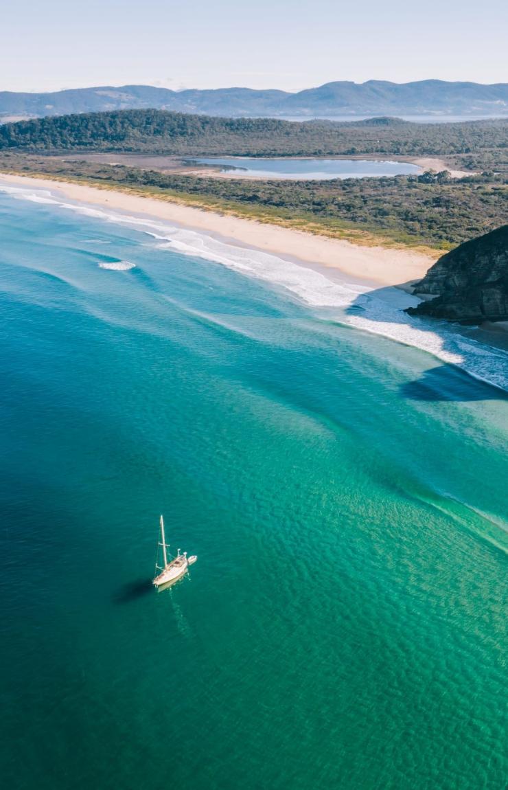 This aerial image captures the rugged beauty of Bruny Island in Tasmania © Tourism Australia