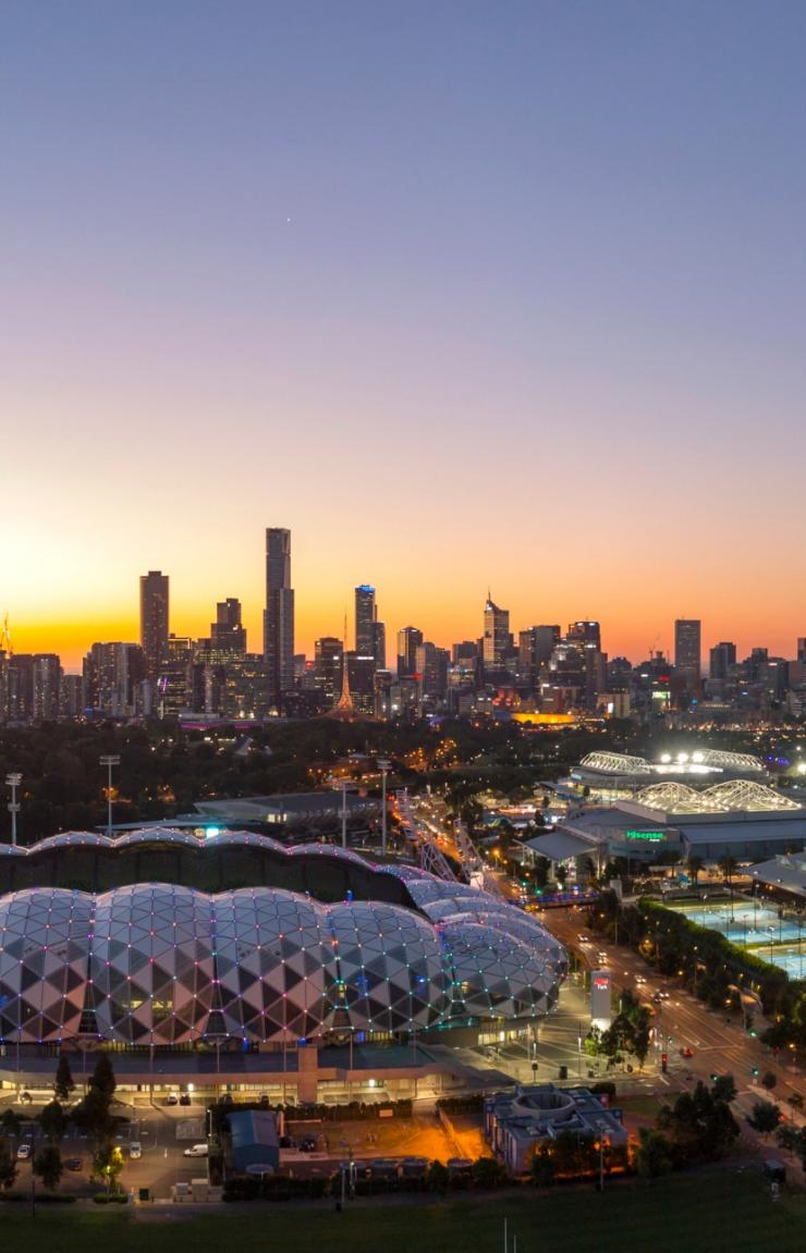 Aerial view of the Melbourne Sports Precinct at dusk, Victoria © Visit Victoria