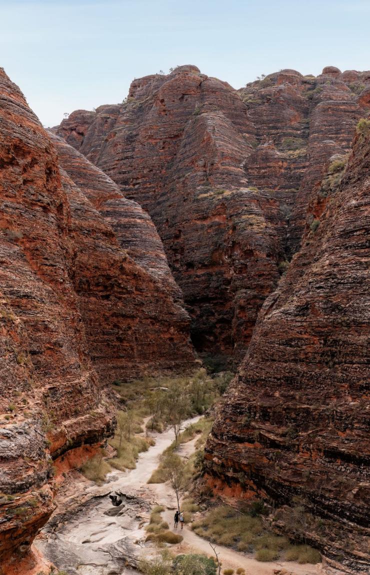 Two individuals stroll amidst the majestic landscape of Purnululu National Park in Kimberley, Western Australia. The vibrant red rock formations and sandstone domes of the Bungle Bungle range create a striking contrast against the clear blue sky. This World Heritage Site offers a mesmerising natural spectacle that captivates the senses. © Tourism Australia