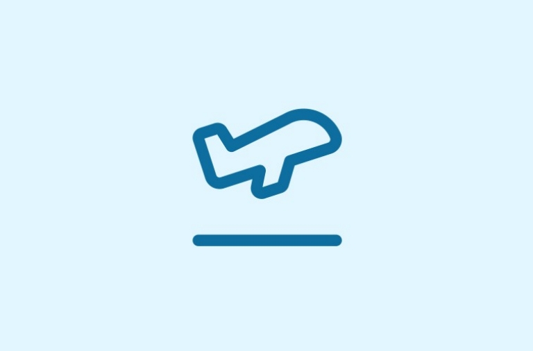 Blue icon depicting an airplane taking off © Tourism Australia