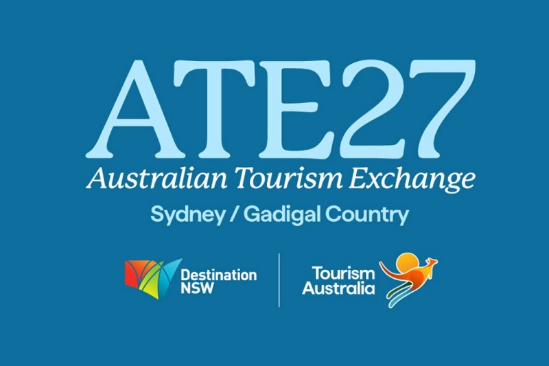 The official digital tile for ATE27, the Australian Tourism Exchange, held in Sydney. The light blue text and logos for Destination NSW and Tourism Australia are set against a vibrant blue background with curved wave patterns.