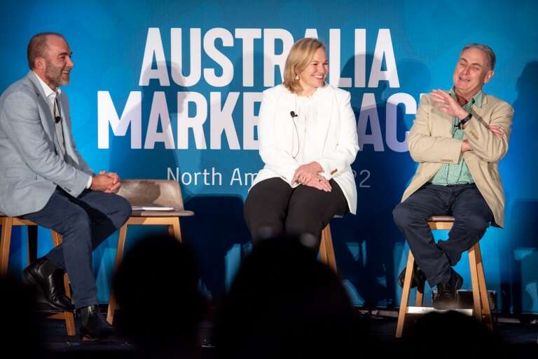 Don Farrell, Phillipa Harrison and Bede Fennel, Australia Marketplace 2022 © Tourism Australia