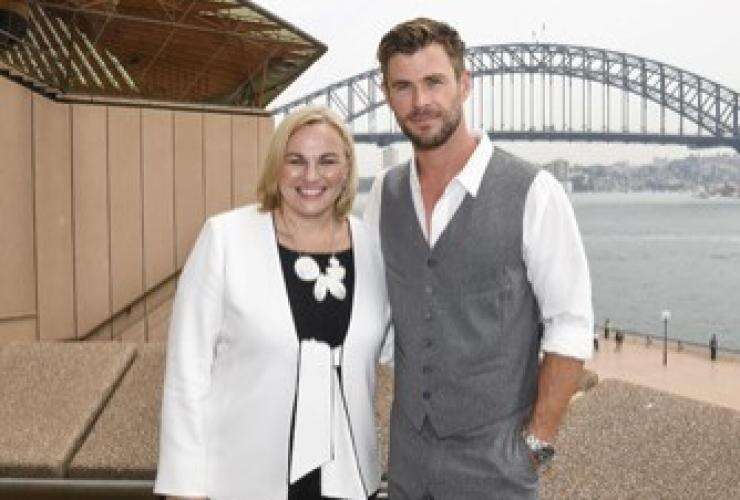 Phillipa Harrison with Chris Hemsworth, Philausophy Industry Preview, Sydney, NSW © Tourism Australia