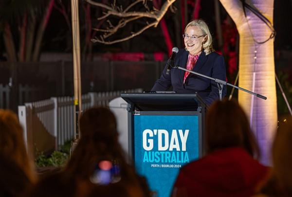 Phillipa Harrison speaking at G'day Australia 2024, Perth, WA © Tourism Australia / Remco Jansen