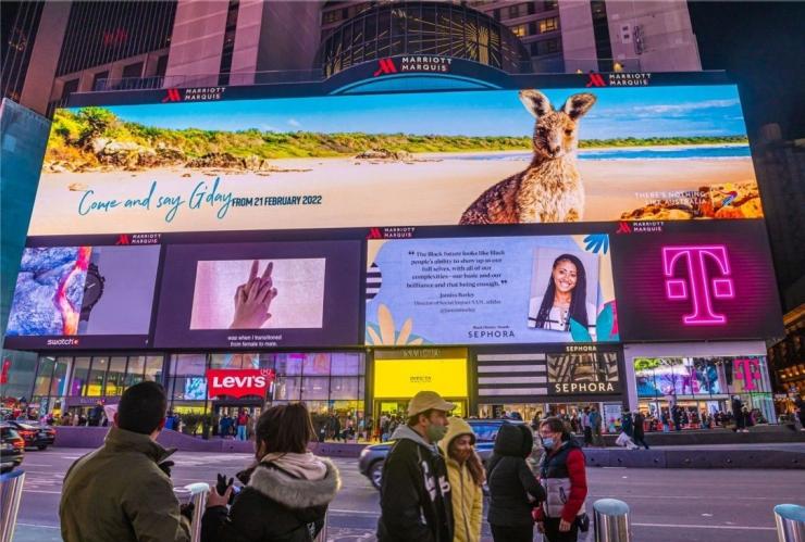 Come and say G'day campaign ad, Times Square, New York, Feb 2022 © Tourism Australia Come and say G'day campaign ad, Times Square, New York, Feb 2022 © Tourism Australia