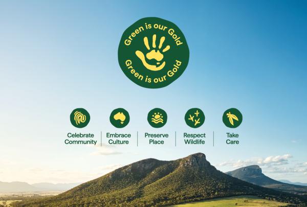 An aerial view of a lush mountain for Tourism Australia’s 'Green is our Gold' campaign. Green icons for community, culture, place, wildlife, and care sit above the peaks, beneath a circular logo with a gold handprint. © Tourism Australia