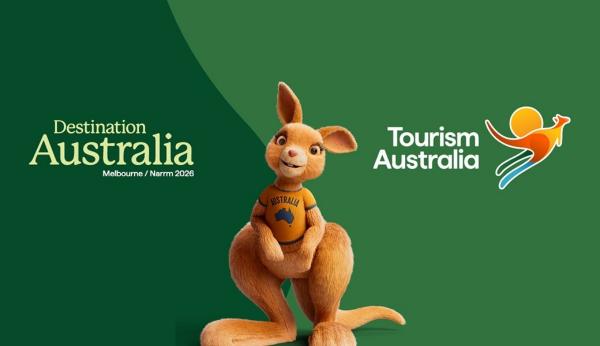 Ruby the kangaroo stands at the centre of this Tourism Australia graphic for Destination Australia 2026 in Melbourne/Naarm. Set against a green background, the image features the event title and the official corporate logo. © Tourism Australia