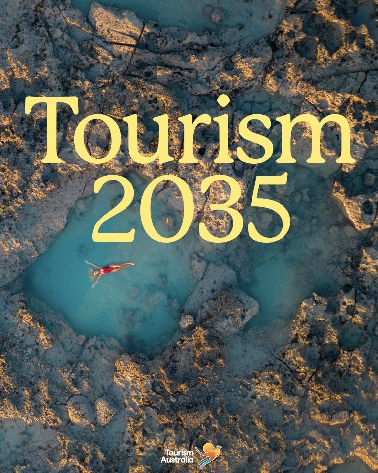 Cover of Tourism Australia's Tourism 2035 strategy, showing an aerial view of two people floating in their own rock pools on a very low tide near Gantheaume Point, Broome, Western Australia © Tourism Australia