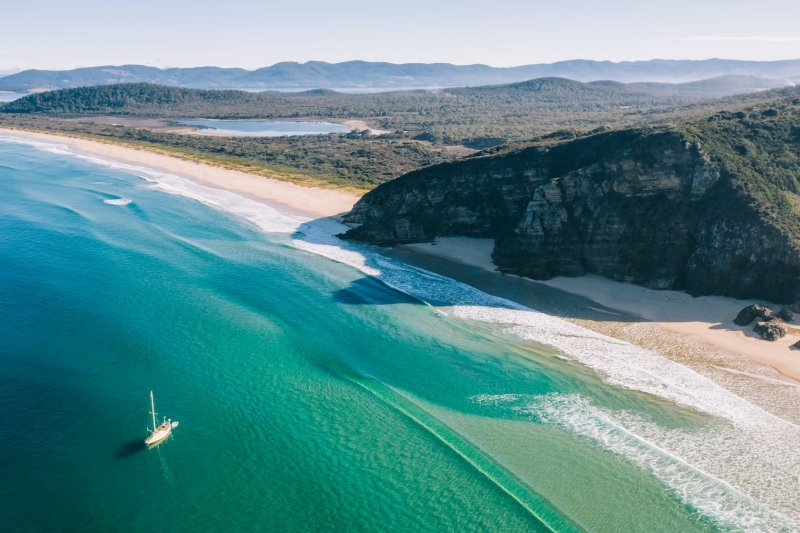 This aerial image captures the rugged beauty of Bruny Island in Tasmania © Tourism Australia