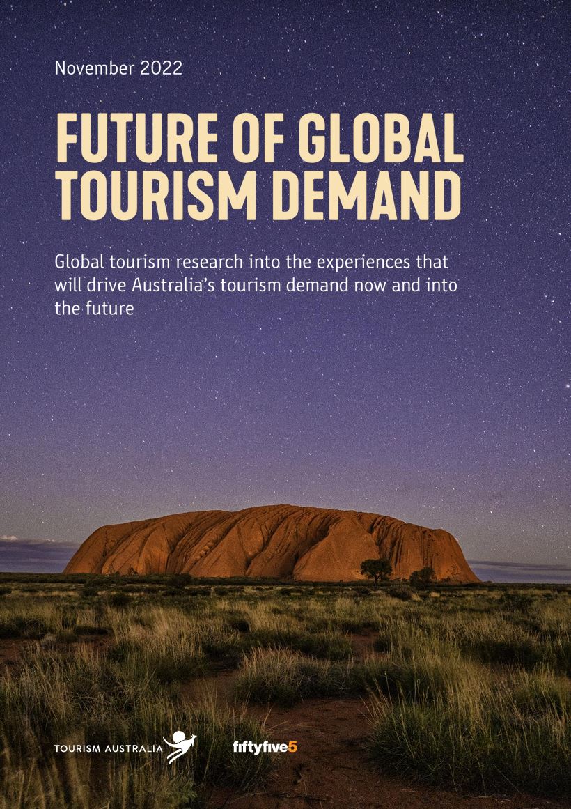 Cover of the Future of Global Tourism Demand report featuring Uluru beneath a purple-hued sky © Tourism Australia